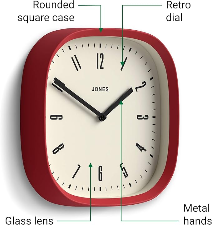 JONES CLOCKS® Marvel wall Clock | Modern Retro Rounded Square Clock | 10 inch |