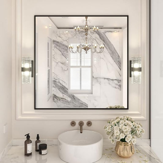 LOAAO 36"X36" Black Rectangle Bathroom Mirror Wall, Matte Black Aluminum Alloy
