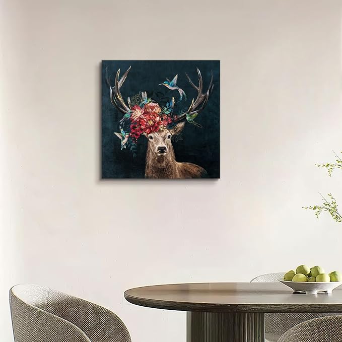 JolyWell Deer Canvas Wall Art With Flowers, Animal Prints for Living Room Bedroom Office, Wildlife Hunting Artwork Decorations, 24x24 Ready to Hang