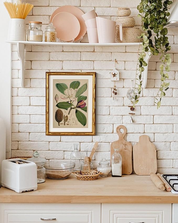 InSimSea Gold Bamboo Framed Canvas Wall Art, Retro Nature Magnolia Botanical