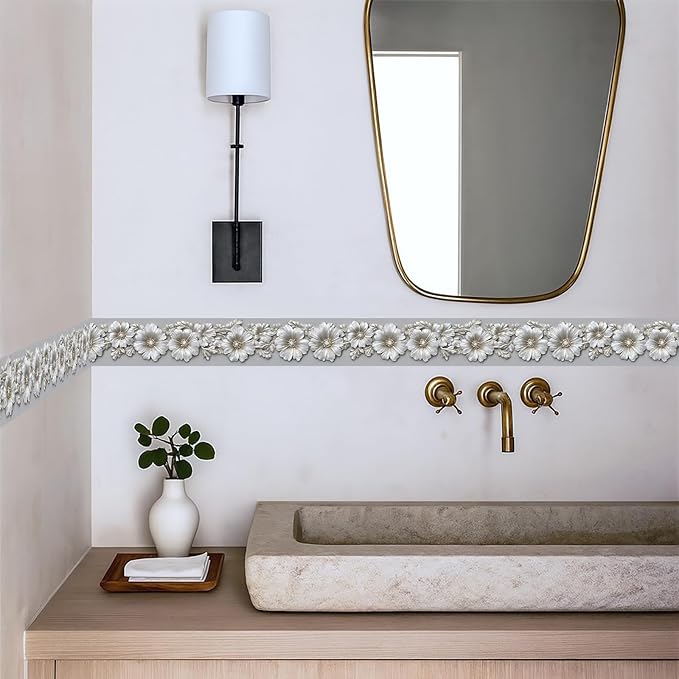 Silver Floral Wallpaper Border 196x4 Inch Peel and Stick Wall Border Metallic