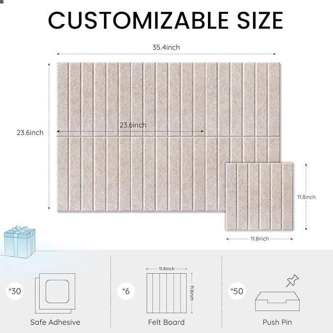 Large Cork Bulletin Board for Wall 36"x24", 6 Pack Felt Slat Wall Panel Tiles
