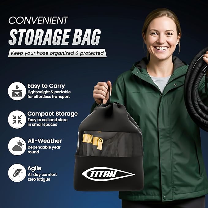 TITAN 100 ft Garden Hose – Lightweight Flexible Water Hose, Kink-Free Non-Expanding, High Flow, Solid Brass Fittings, Leak-Proof with Nozzle