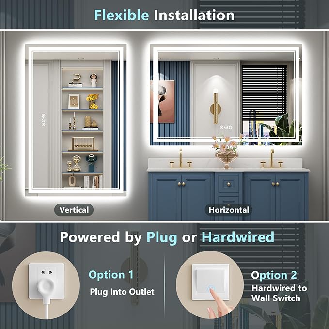 60x28 LED Bathroom Mirror with Lights, Backlit and Front Lit Anti-Fog Lighted