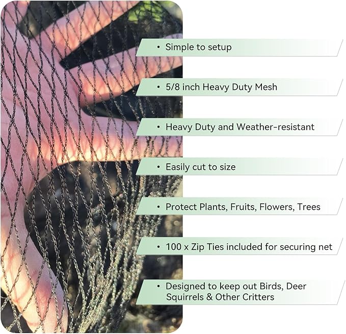 Bird Netting for Garden 10x10 Ft, 1/2 Inch Mesh Heavy Duty Garden Netting for Plants, Fruit Trees & Blueberries, UV Resistant Outdoor Protection Against Birds, Squirrels, Deer & Poultry