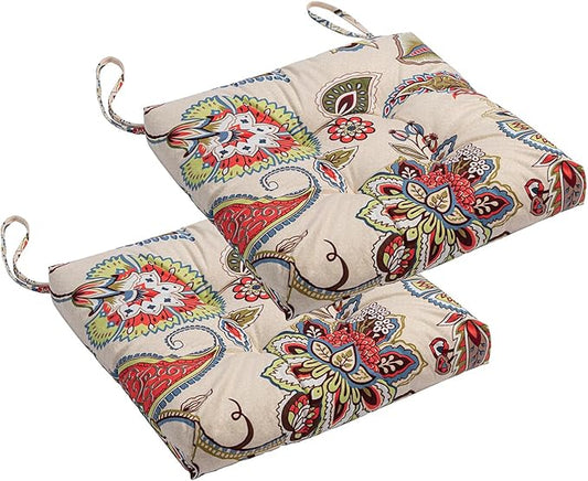 2-Pack Outdoor/Indoor Wicker Patio Seat Cushion Pad with Ties - Dining Chair Cushion, 17" x 17" (Khaki Floral)