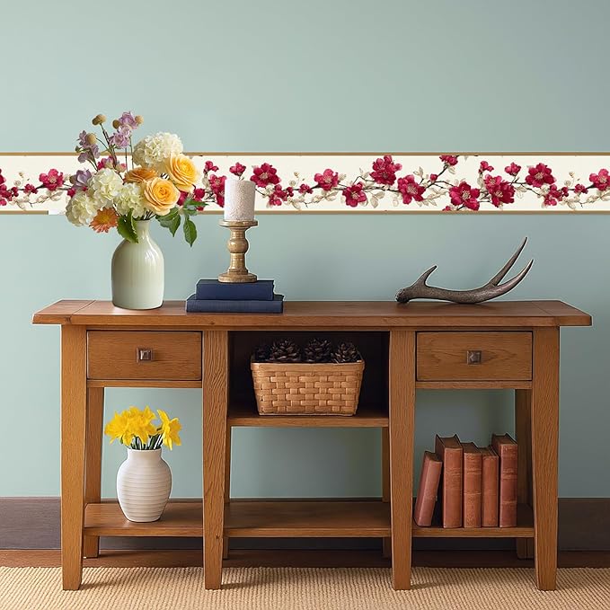 Cherry Blossom Wallpaper Border 196x4 Inch Red Flower Peel and Stick Wall