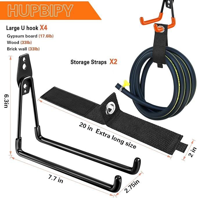 HUPBIPY Heavy Duty Garage Hooks 4 Pack, 7.7 inch U Shaped Long Hanger, with 2 Extension Cord Holder Organizer, Wall Mounted Storage System, for Power and Garden Tool Hanging， Ladders, Bikes, Hose
