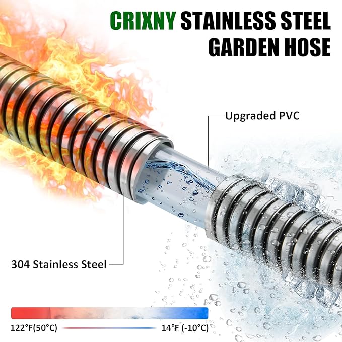 100ft Garden Hose, Heavy Duty Metal Water Hose 100 ft with 10 Function Nozzle, Flexible No-Kink, Pet-Proof & Puncture-Proof Stainless Steel Outdoor Hose for Yard