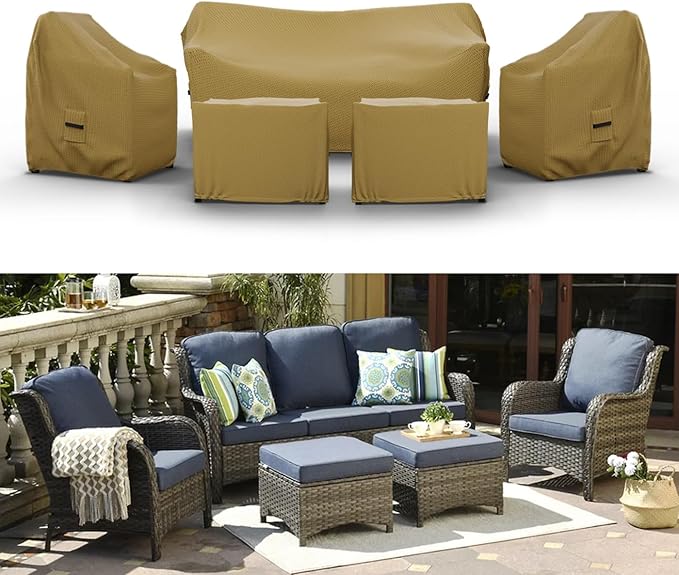 Covers & All Patio Furniture Cover Set, 5 Piece Outdoor Furniture Covers, Water-Repellent UV & Weather Resistant Covers for Sofa, Chairs & Ottomans with Elastic & Padded Handles
