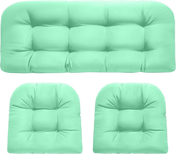 DANGHOOGY Wicker Chair Cushions, Waterproof Outdoor Loveseat Cushions for Patio Furniture, Tufted Wicker Furniture Cushions, 1 Loveseat and 2 U-Shaped Cushions, Cyan