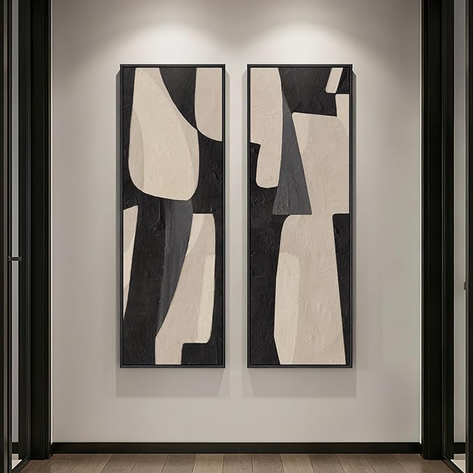 Long Narrow Framed Neutral Abstract Vertical Wall Art