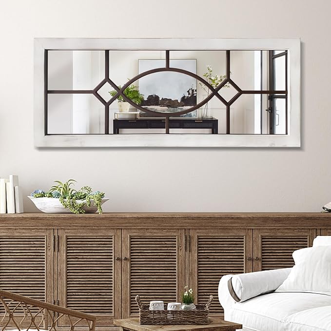 Farmhouse Mirror for Wall Decor: 43.3" x 17.7" Large Rustic Windowpane Mirrors