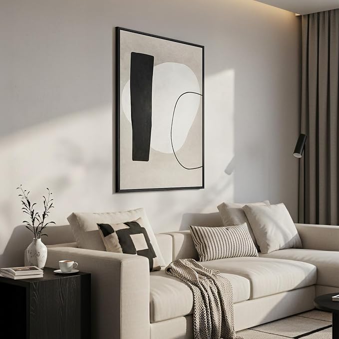 Framed Modern Black and White Neutral Abstract Wall Art, Minimalist Abstract