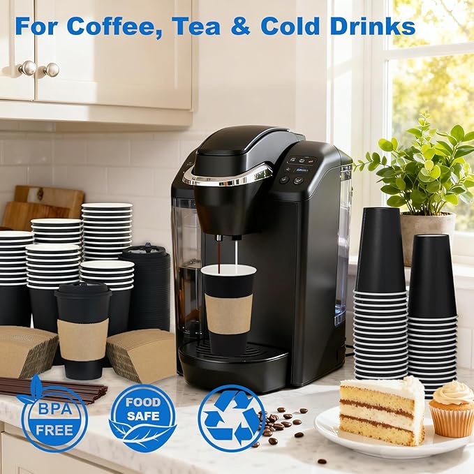 Coolcap 16 oz 50 Pack Coffee Cups with Lids and Sleeves, Straws, Hot Disposable To Go Travel Paper Cups Bulk for Office, Home Coffee Bar Accessories, Chocolate, Cocoa, Beverage (Black)