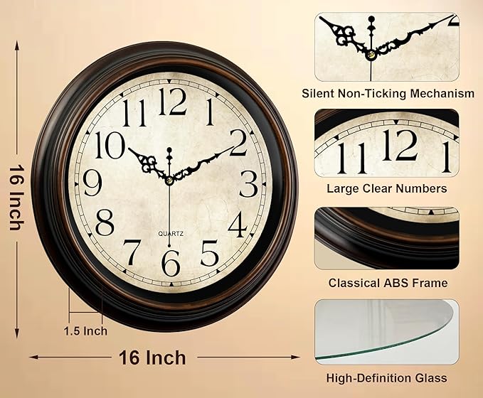 Vintage Wall Clock 16 Inch Quartz Silent Non-Ticking Analog Clock Battery