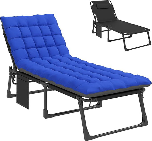 Outsunny Chaise Lounge Chair Outdoor, 5-Position Reclining Pool Lounge Chair with Cushion, Side Pocket, Headrest, Folding Lounger Tanning Chair Camping Cot for Patio, Beach, Dark Gray/Blue