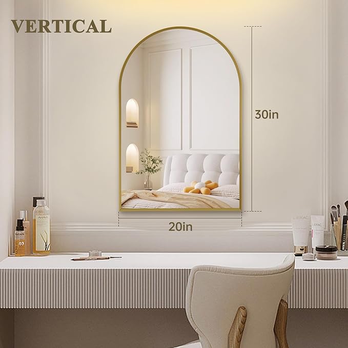 20" x 30" Gold Arched Mirror, Arch Bathroom Vanity Wall Mirror, Modern Aluminum