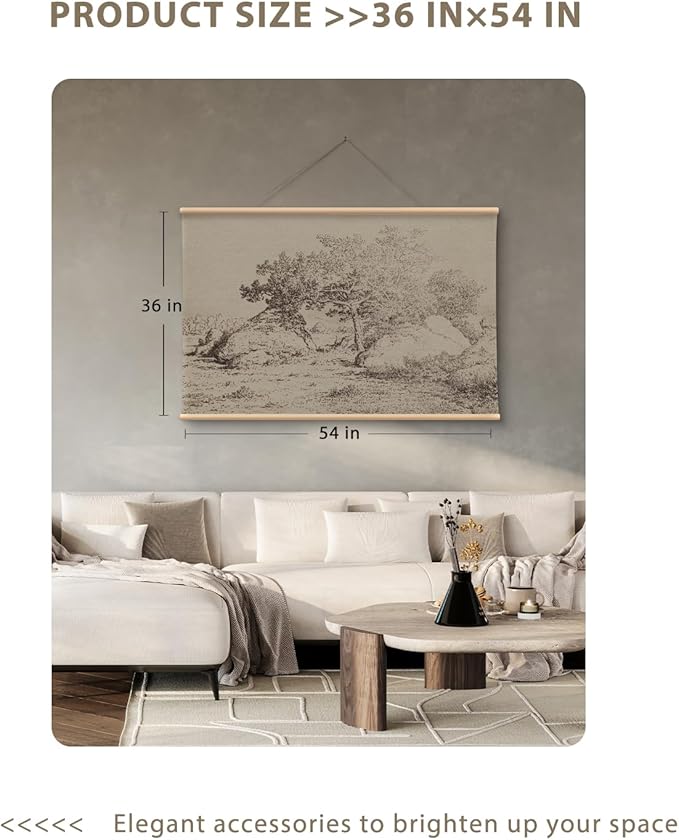 VIYYIEA Extra Large Canvas Wall Art, 36x54 Inch Vintage Landscape Sketch, Neutral Antique Nature Wall Decor for Living Room or Bedroom, Above Sofa