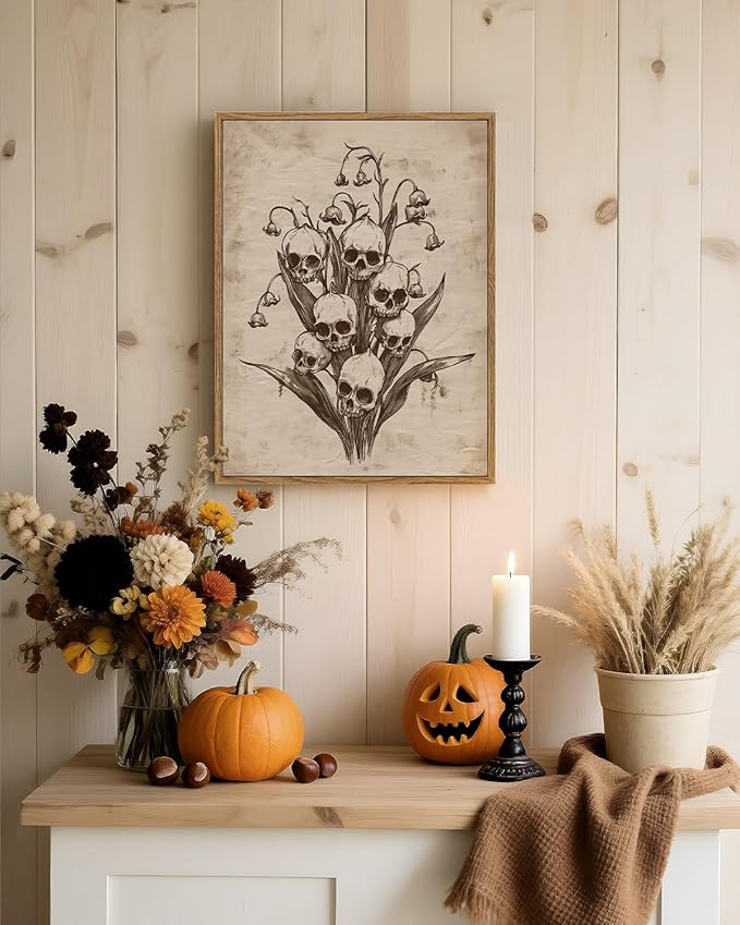 InSimSea Framed Canvas Prints Art Vintage Decor, Gothic Skull Flowers Painting, Rustic Dark Academia Wall Art for Bathroom, Halloween Living Room Witchy Room Wall Cottagecore Decor, 12x16inch