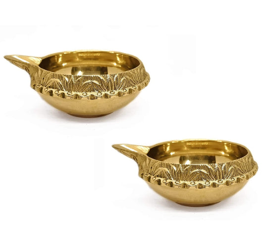 Craftsman Handmade Golden Engraved Kuber Diya, 10 PC, Virgin Brass, Traditional Indian Oil Lamp for Diwali Decoration