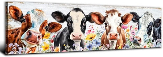 Country Cow Canvas Wall Art Kitchen Wall Decor Vintage Funny Cattle Flowers