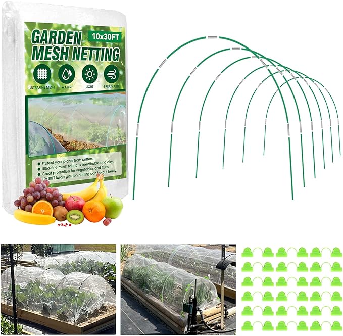 Garden Netting Kit, 10x30FT Ultra Fine Mesh Netting ï¼6 Sets of 8FT Fiberglass Garden Hoops for Raised Beds, Vegetable Plants Fruits Flowers Birds Animals Barrier Protection Net