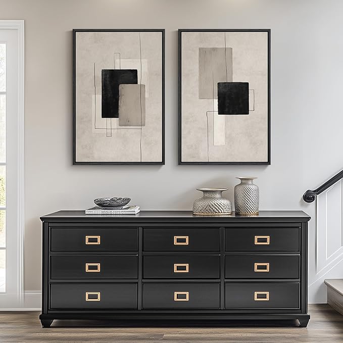 Framed Neutral Abstract Wall Art Set of 2, Minimalist Block Lines Pictures
