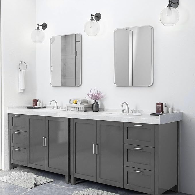 Silver Framed Bathroom Mirror, Brushed Nickel Rounded Corner Rectangle Wall