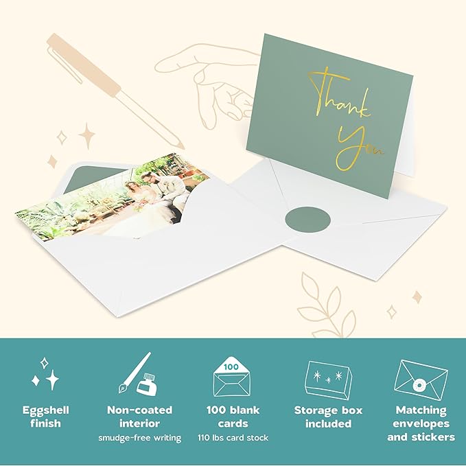 VNS Creations Gold Foil Thank You Cards With Envelopes Bulk Set & Stickers - 100 Pack 4x6 Blank Thank You Notes - Large Note Card Small Business, Wedding, Baby Shower & Bridal Shower - Granite Green