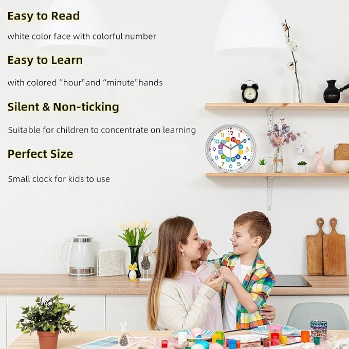 XFM Colorful Kids Wall Clock for Bedroom 14 Inch Round Learning Clock