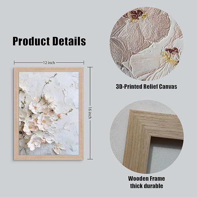Framed 3D Floral Texture Canvas Wall Art Relief Textured Floral Oil Painting