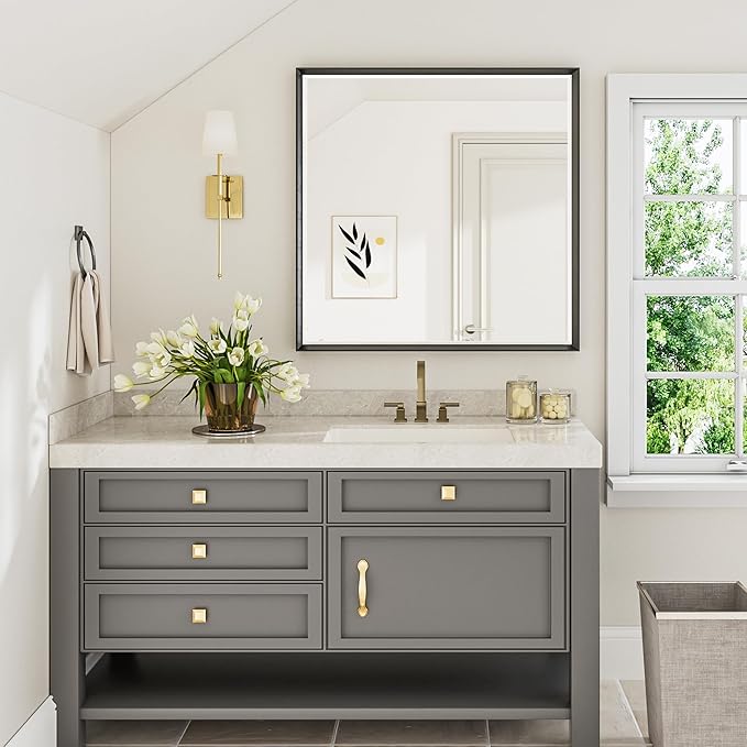 Black Framed Mirror for Bathroom 36x36 Inch Square Beveled Bathroom Mirror