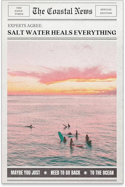 Pink Beach Newspaper Posters Vintage Fashion Coastal Girl Surf Wall Art Grainy