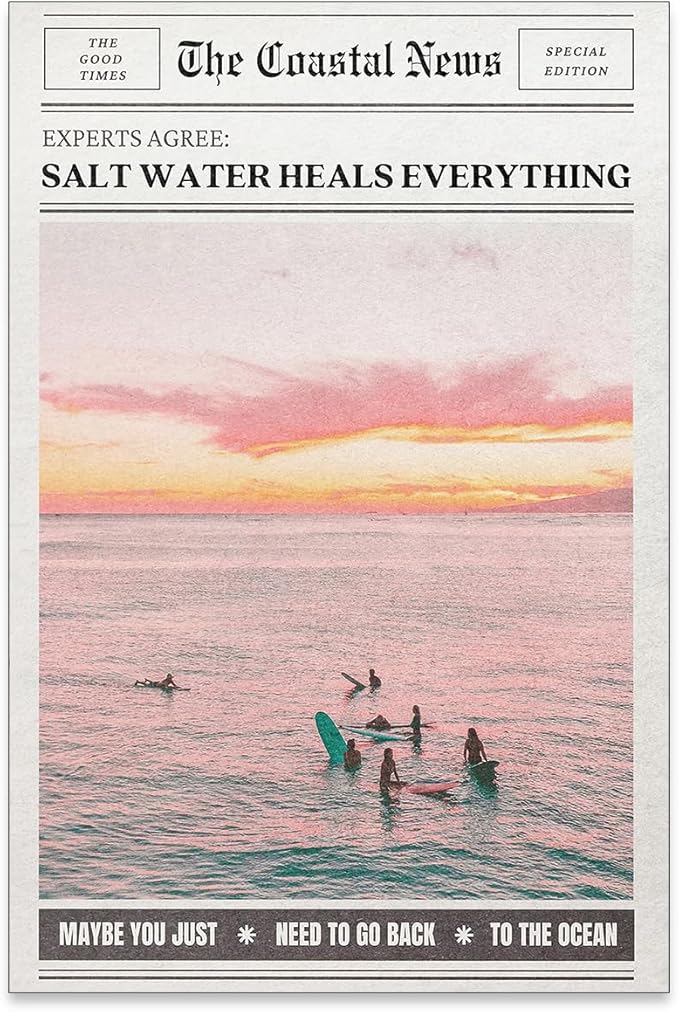 Pink Beach Newspaper Posters Vintage Fashion Coastal Girl Surf Wall Art Grainy