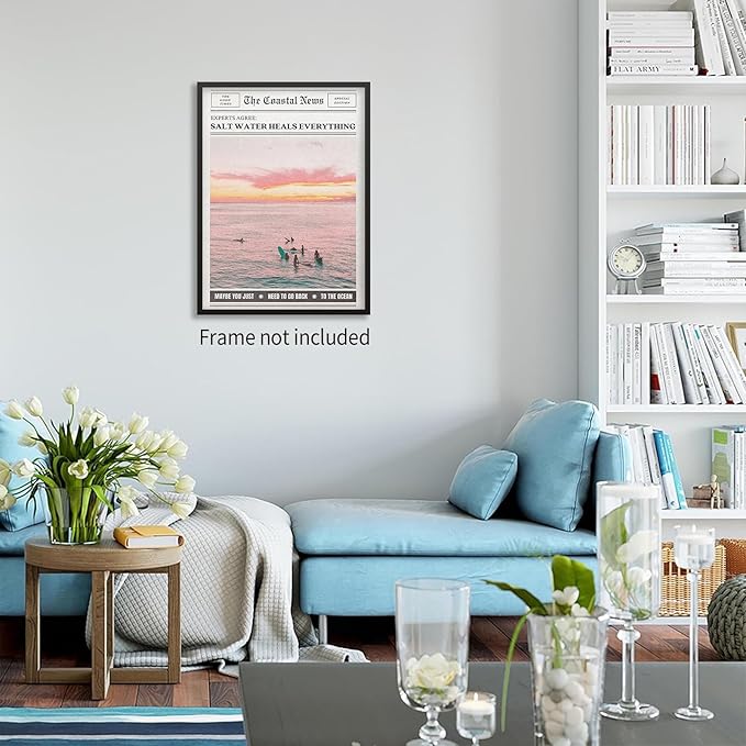 Pink Beach Newspaper Posters Vintage Fashion Coastal Girl Surf Wall Art Grainy