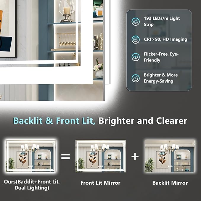 55x40 LED Bathroom Mirror with Lights, Backlit and Front Lit Anti-Fog Lighted