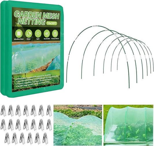 Garden Netting Kit for Raised Beds, 10x30FT Green Ultra Fine Mesh Netting ï¼6 Sets of 8FT Garden Hoops, Insect Netting Row Cover Net Protect Plants Vegetable Fruits Flowers