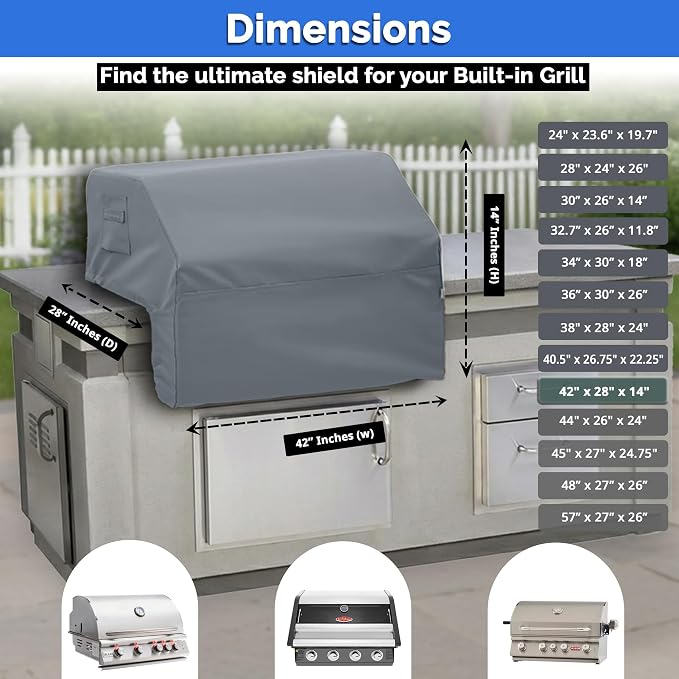 Covers & All Built-in Grill Cover for Outdoor Grill – Heavy Duty 12 oz Waterproof Built-in BBQ Grill Cover, PVC-Coated Polyester with Elastic Hem for Snug Fit (42 x 28 x 14 inches, Grey)