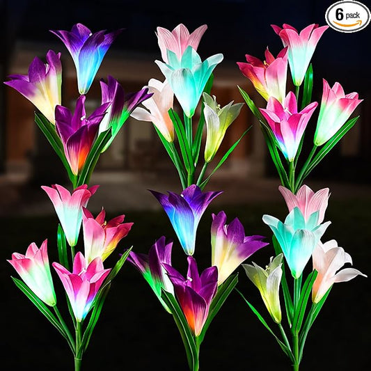 6 Pack Solar Garden Lights Outdoor, 7 Color Changing LED Waterproof Solar Powered Lily Flowers Landscape Lights for Outside Yard, Patio, Pathway Decorative, DÃ©cor