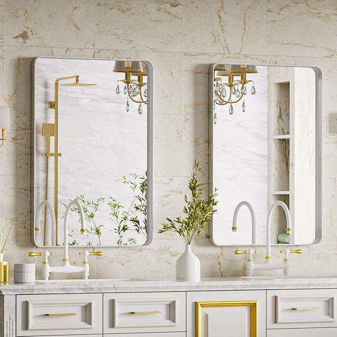 VooBang Bathroom Mirror 24x32 inch, Modern Round Corner Bathroom Vanity Mirror