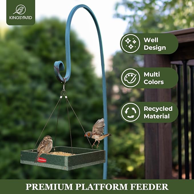 Kingsyard WPC Composite Platform Bird Feeder for Outside, Heavy Duty Hanging Tray for Mealworms & Seeds, 3.5 lbs Large Capacity, Weatherproof Recycled Plastic Material, Easy to Clean, Green