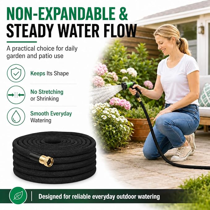 100FT Lightweight Flat Garden Hose for Women & Seniors, Non-Expandable Water Hose with 10-Pattern Spray Nozzle, Easy Storage No-Kink Hose for RV, Patio, Small Backyard, Car Wash & Everyday Watering
