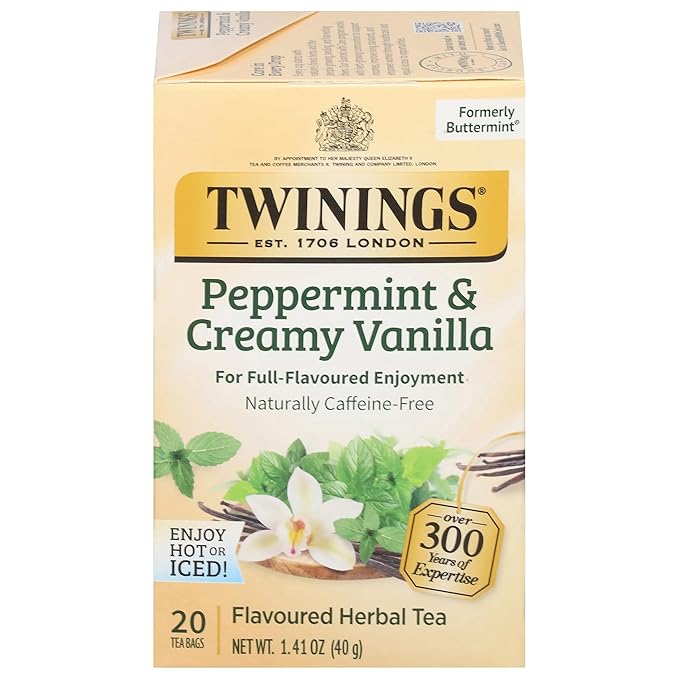 Twinings Peppermint & Creamy Vanilla Tea - A Crisp, Balanced Herbal Tea, Formerly Buttermint, Naturally Caffeine-Free Tea Bags, Individually Wrapped, 20 Count