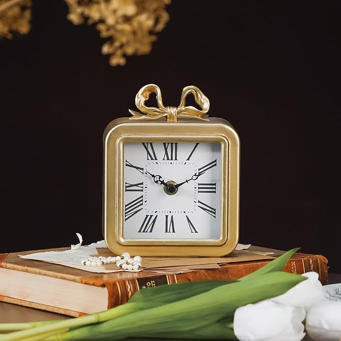 NIKKY HOME Gold Table Clocks, Table Clock Decor with Bow Metal Desk Clock Vintage Desk Clocks Silent Non-Ticking Battery Operated Decorative Shelf Clock for Living Room Bedroom