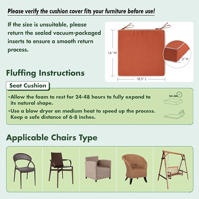 MIULEE Orange Outdoor Chair Cushions Set of 2, 18.5x16x3 Inch Waterproof Patio Seat Cushions for Outdoor Furniture Couch Sofa, 3 Year Color Fastness High Density Foam with Adjustable Ties