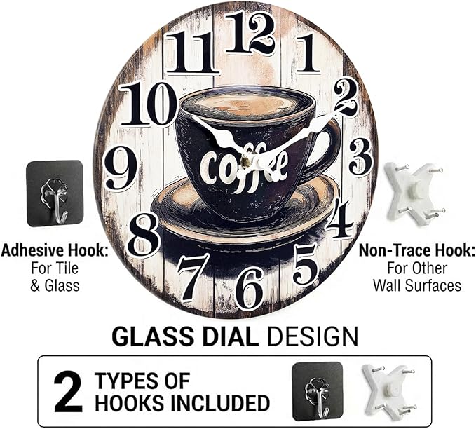 Large Kitchen Clock Decor, Decorative Coffee Wall Clocks Battery Operated