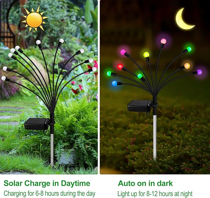 Solar Garden Lights Outdoor, 2 Pack 16 LED Solar Firefly Lights Waterproof, Sway by Wind, Swaying Light for Yard Patio Backyard Garden Planter Flower Bed Pathway Outdoor Decoration (Multicolor)