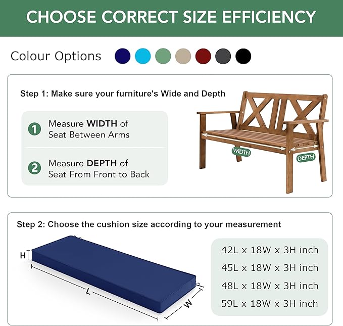 Summsun Outdoor Bench Cushion: Waterproof and Fade Resistant Patio Furniture Cushions - Non-Slip Bench Pad Cushion with Removable Cover for Garden Swing Porch Sofa Settee, 59 x 18 Inch, Navy Blue