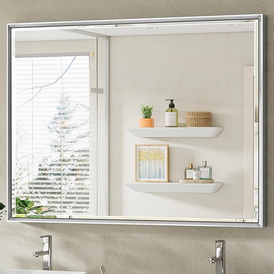 40 x 30 Silver Bathroom Mirror, Large Beveled Silver Bathroom Vanity Mirror